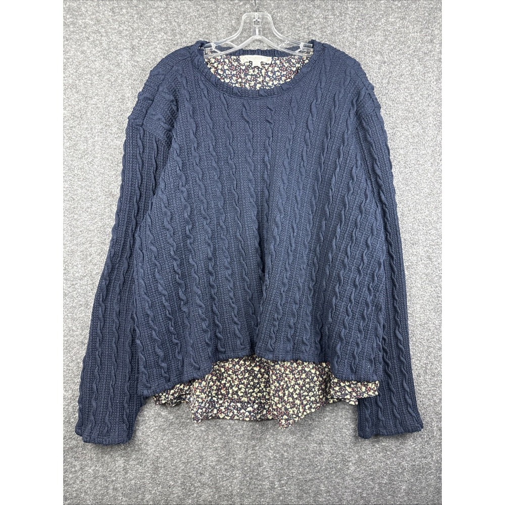 Suzanne Betro Weekend Sweater 2X Blue Cable Knit Floral Split‎ Back Mixed Media